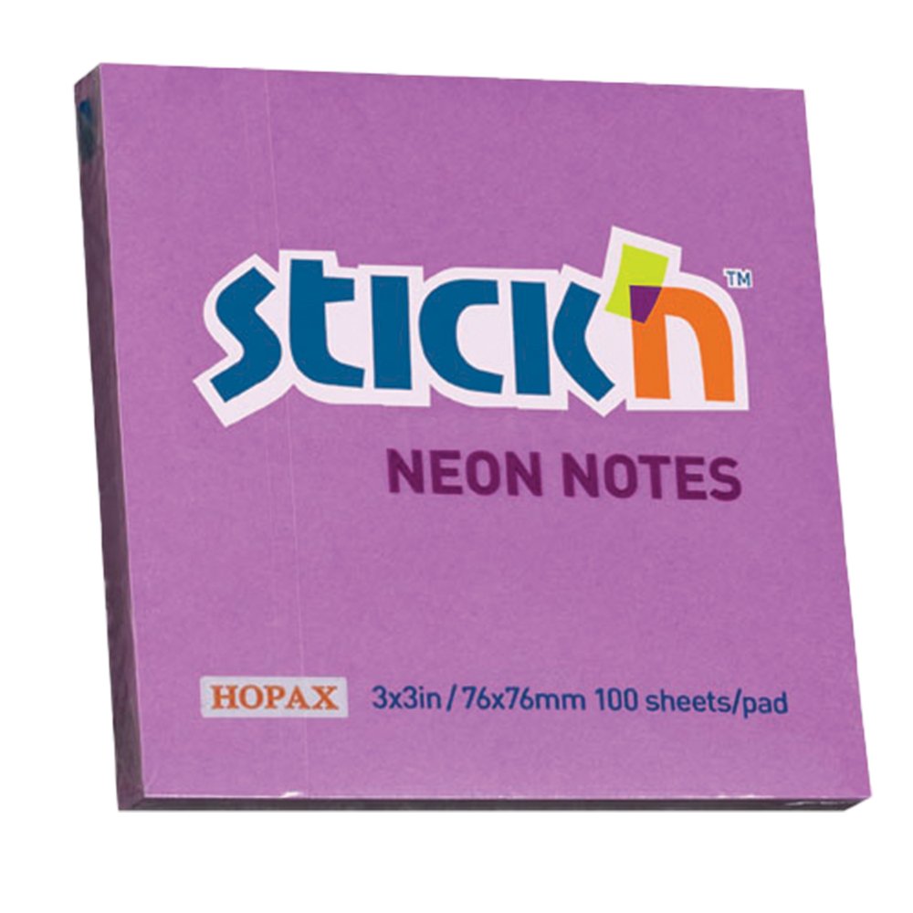 32-0363-21.jpg Stick 'n Notes 76x76 Neon Notes (654) 3"x3" - 100 Sheets Per Pad Purple (Pack of 12) - Image 1