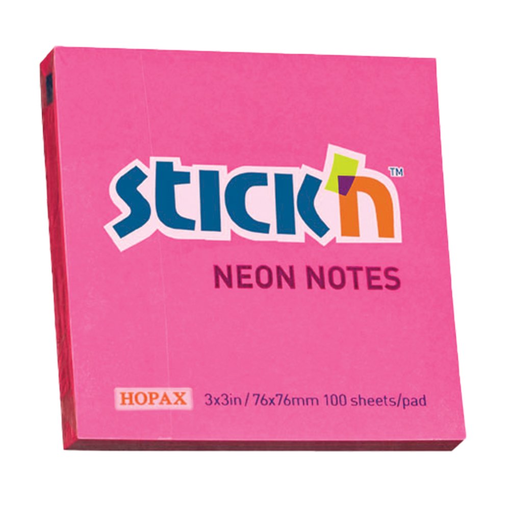 32-0363-25.jpg Stick 'n Notes 76x76 Neon Notes (654) 3"x3" - 100 Sheets Per Pad Magenta (Pack of 12) - Image 1