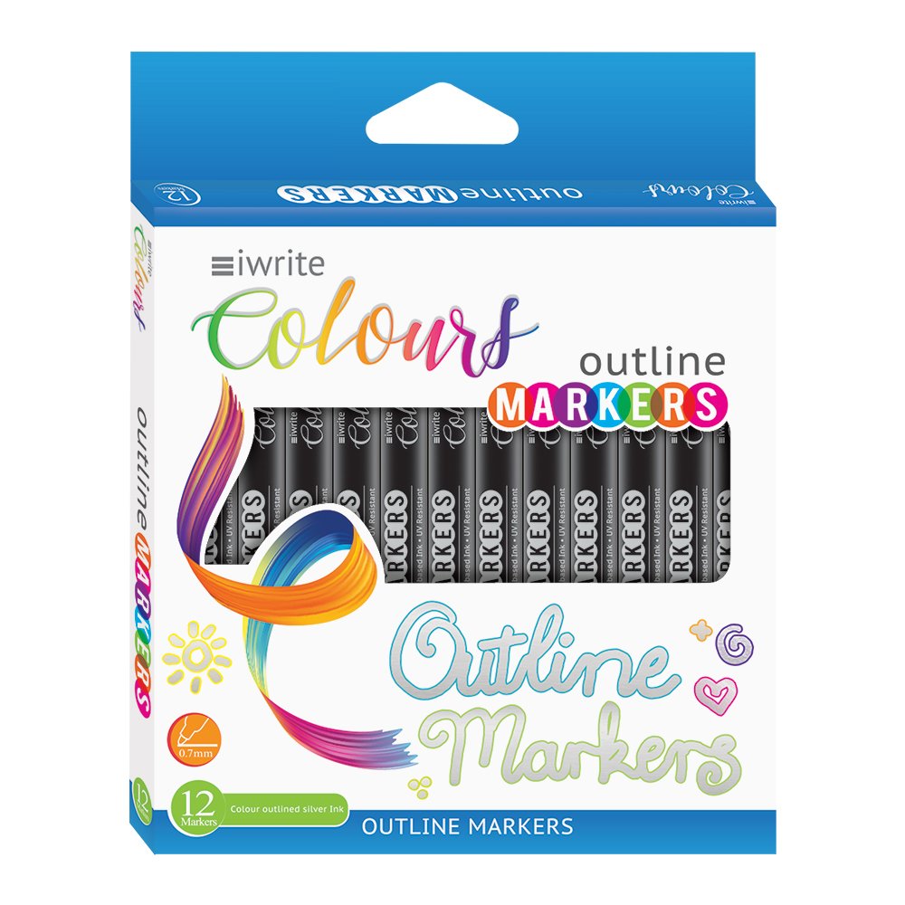 52-0039-30.jpg iWrite Outline Markers Silver metalic ink outlined with a colour border - Wallet of 12 Assorted - Image 1