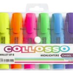 Collosso Yellow, Pink, Green and Orange Highlighters Chisel Tip Wallet of 6 Assorted