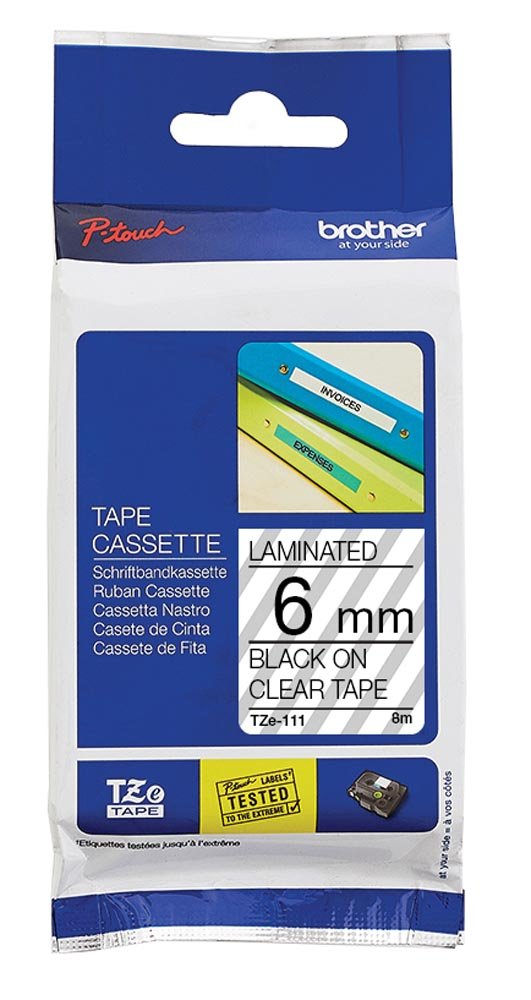 88-7006-00.jpg Brother Laminated Tape TZ111 Black on Clear 6mm - Image 1